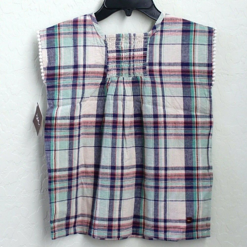 Tea Collection Sleeveless Plaid Smocked Back Linen Blend Blouse Size 6 - Picture 2 of 3